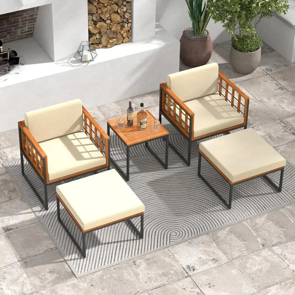 5-Piece Acacia Wood Patio Set – Outdoor Seating with Ottomans & Coffee Table