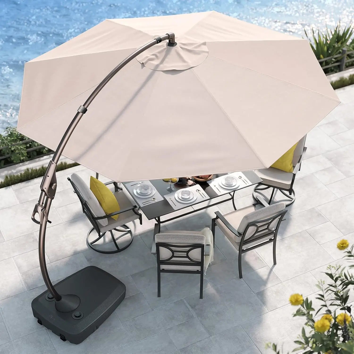 12FT Cantilever Patio Umbrella – Large Offset Round Umbrella with Base