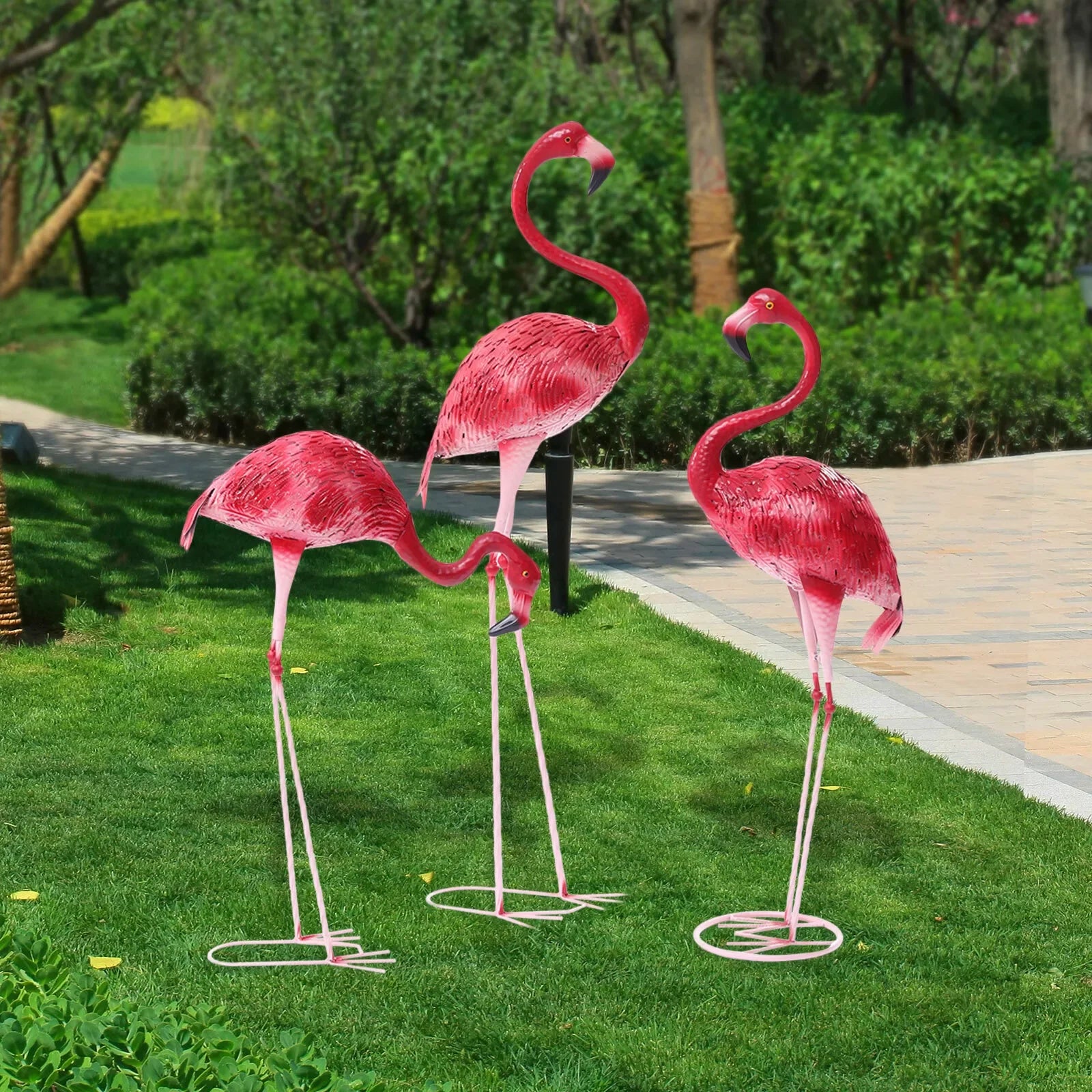 3PCS Iron Pink Flamingo Garden Statues
