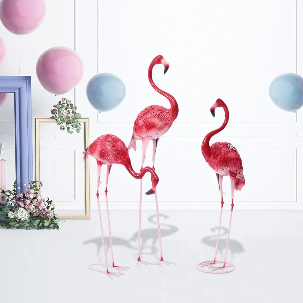 3PCS Iron Pink Flamingo Garden Statues