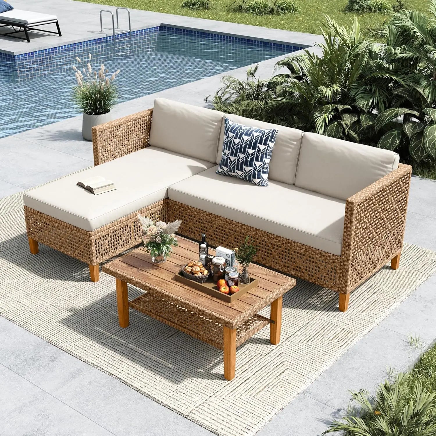3-Piece Patio Wicker Sectional Sofa Set – L-Shaped Outdoor Couch with Wood Table