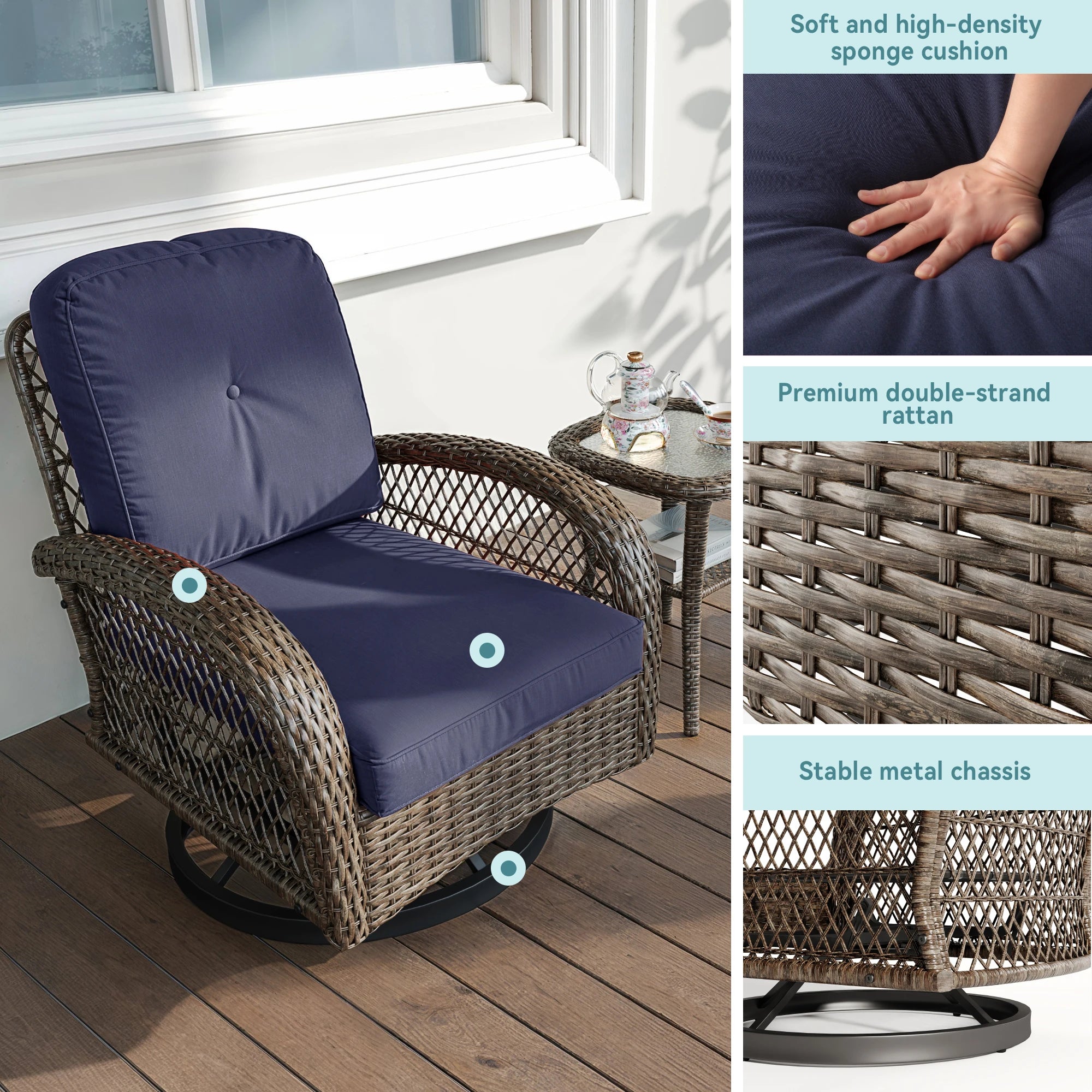 3-Piece Patio Furniture Set with Rotating Rocking Chairs: