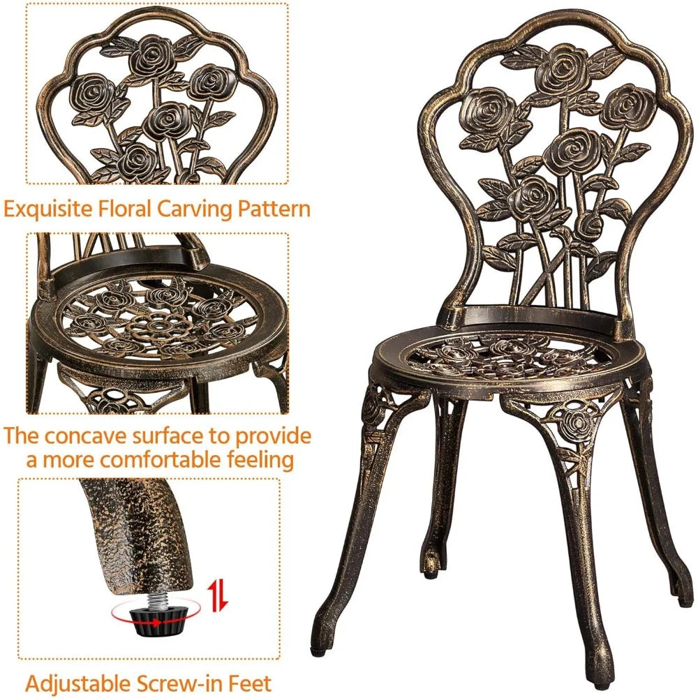 3-Piece Cast Aluminum Bistro Set – Rose Design Table & Chairs with Umbrella Hole