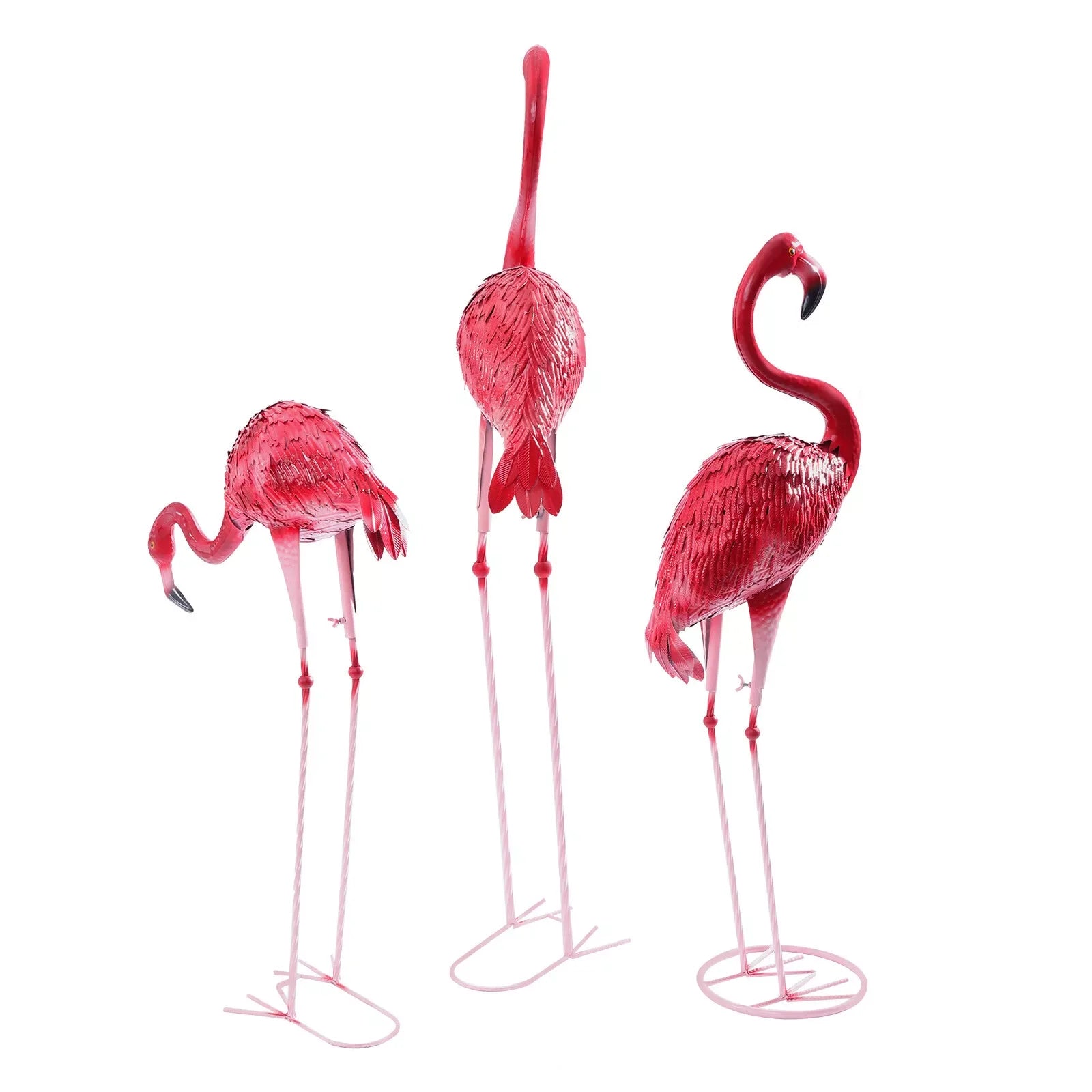 3PCS Iron Pink Flamingo Garden Statues