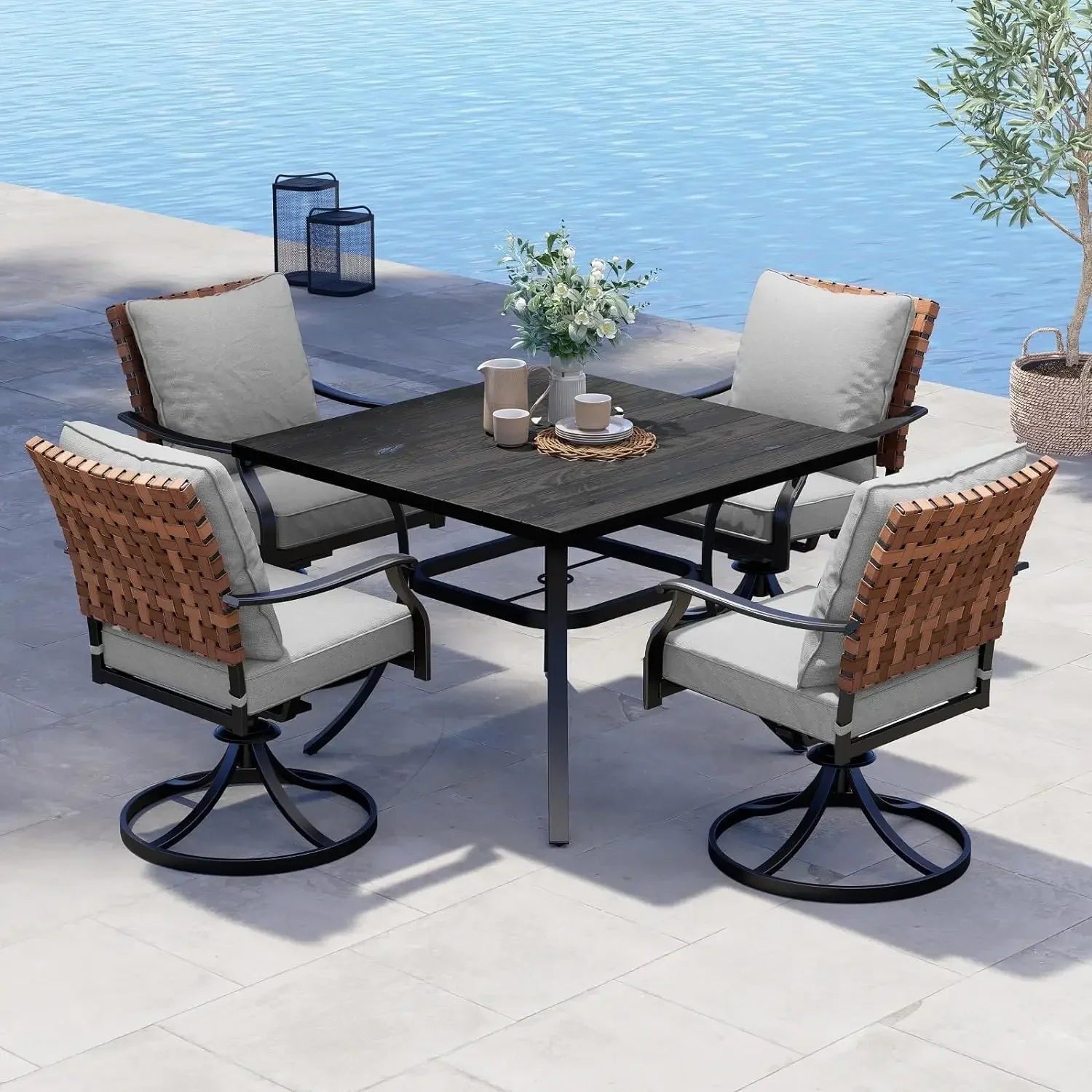 5-Piece Outdoor Dining Set – 4 Wicker Swivel Chairs & Square Woodgrain Table