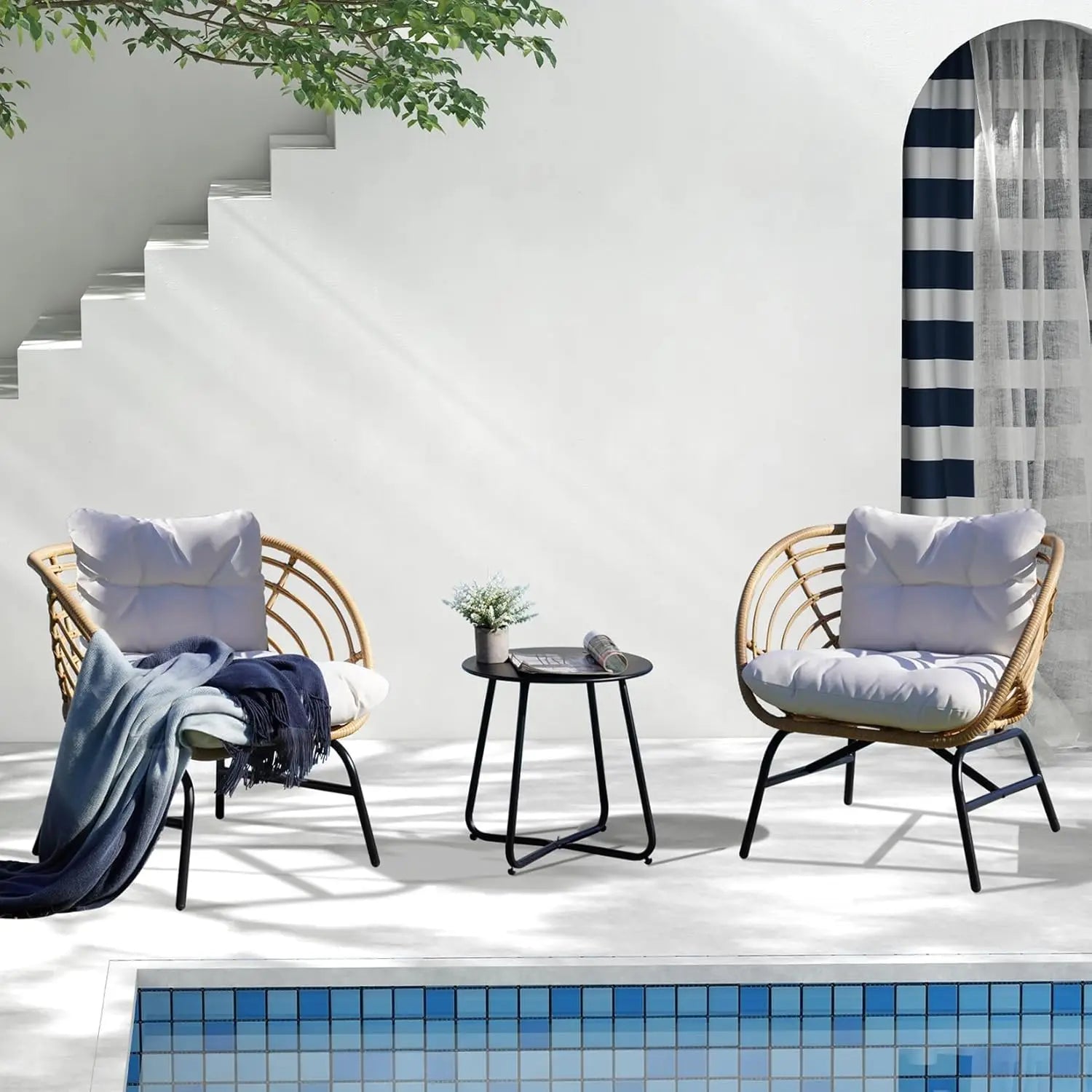 3-Piece Wicker Patio Set – Sofa with Beige Cushions & Coffee Table