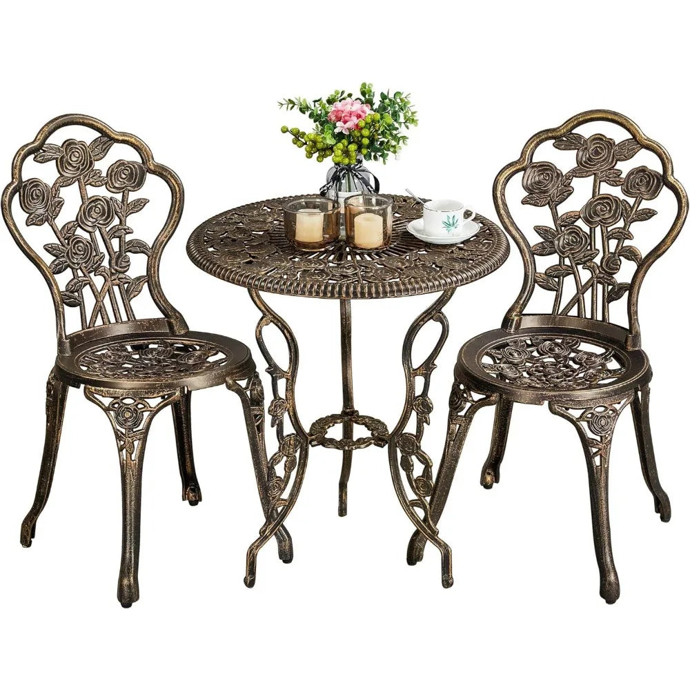 3-Piece Cast Aluminum Bistro Set – Rose Design Table & Chairs with Umbrella Hole