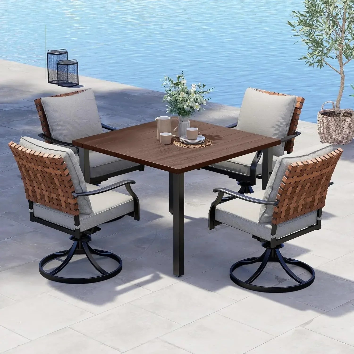 5-Piece Outdoor Dining Set – 4 Wicker Swivel Chairs & Square Woodgrain Table