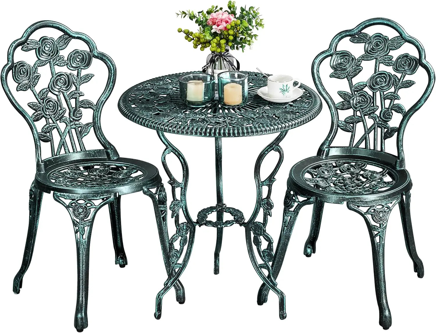 3-Piece Cast Aluminum Bistro Set – Rose Design Table & Chairs with Umbrella Hole