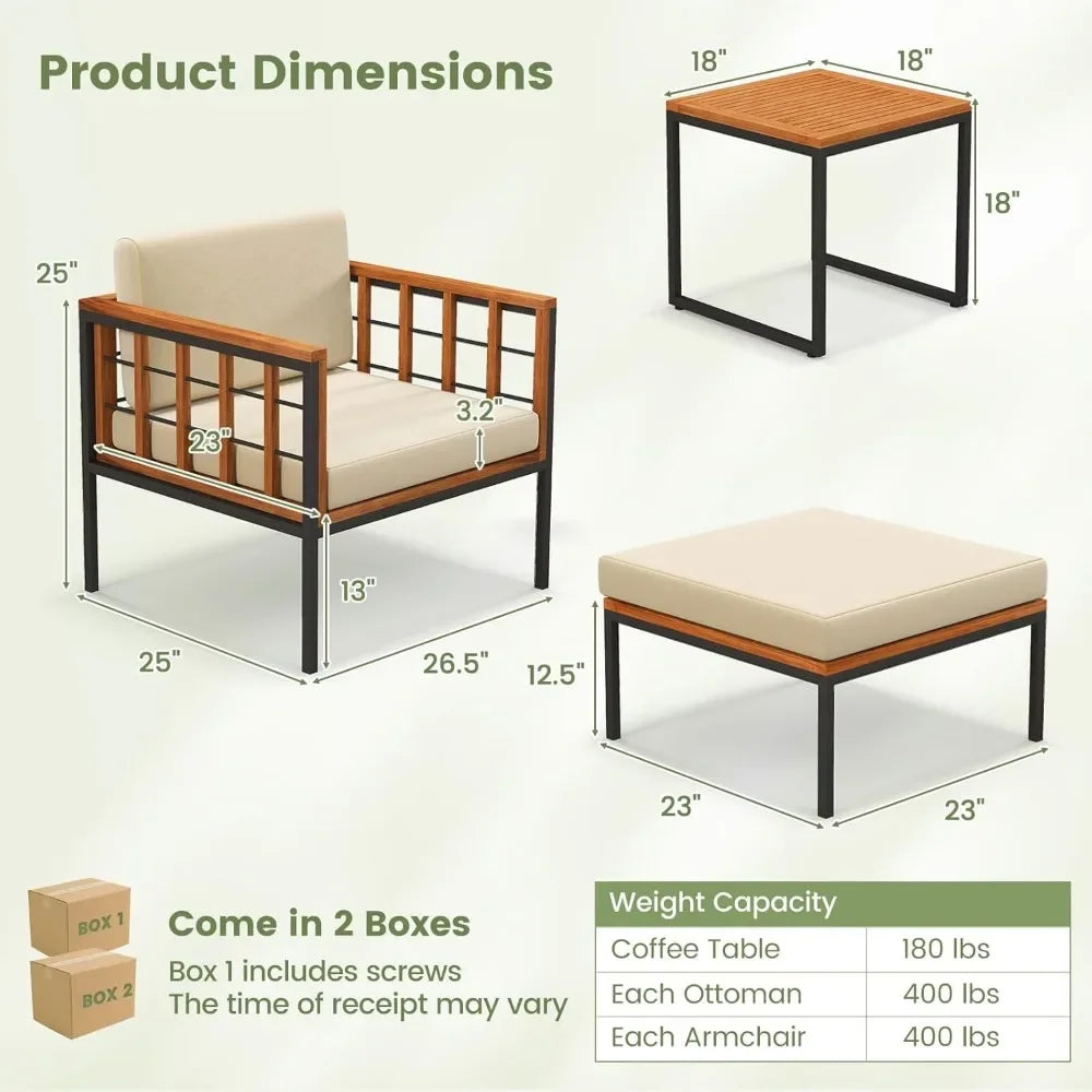 5-Piece Acacia Wood Patio Set – Outdoor Seating with Ottomans & Coffee Table