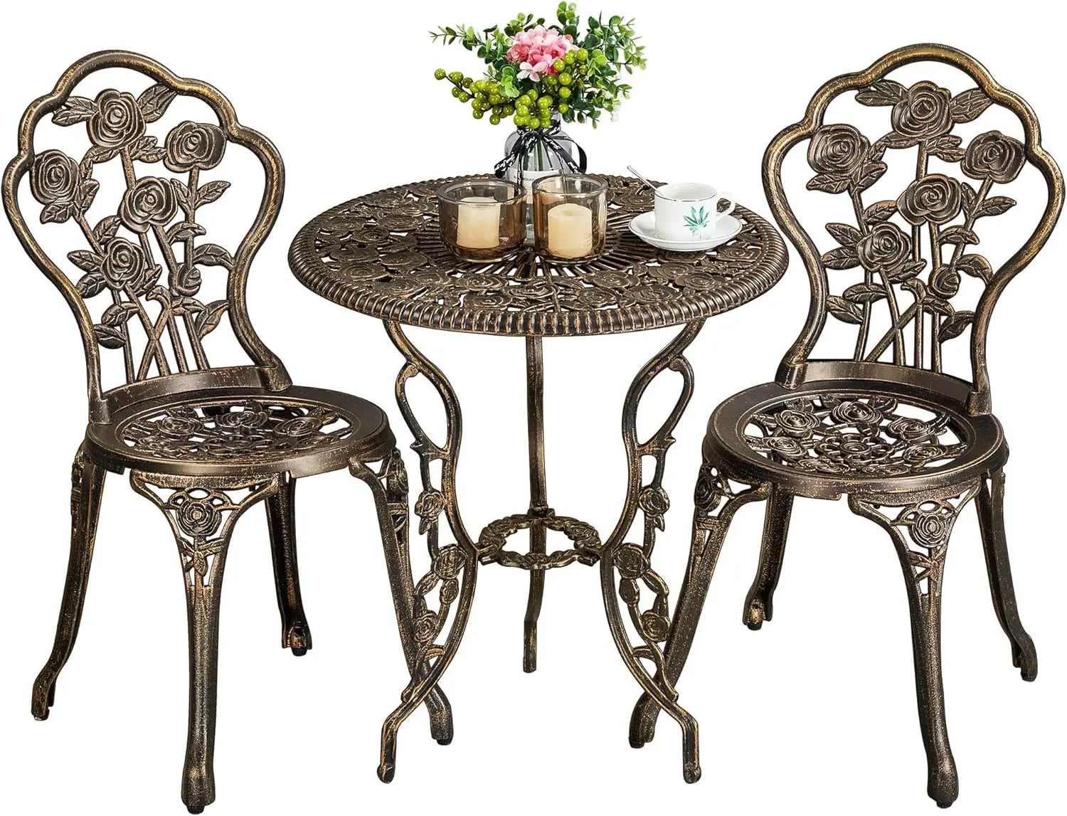 3-Piece Cast Aluminum Bistro Set – Rose Design Table & Chairs with Umbrella Hole