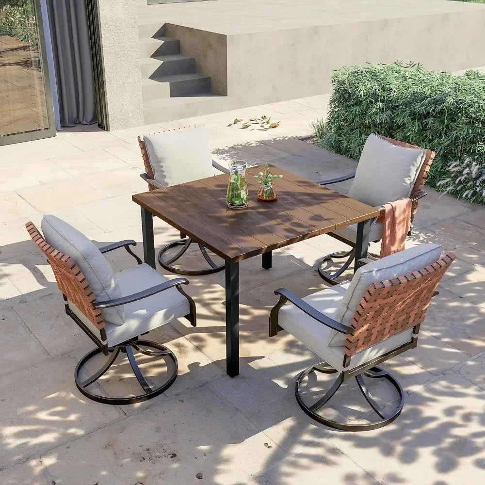5-Piece Outdoor Dining Set – 4 Wicker Swivel Chairs & Square Woodgrain Table