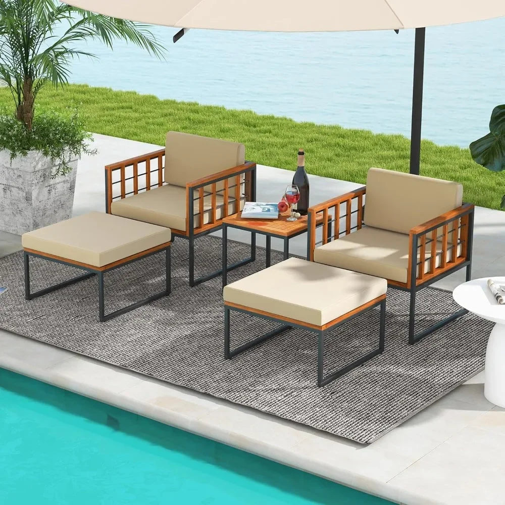 5-Piece Acacia Wood Patio Set – Outdoor Seating with Ottomans & Coffee Table