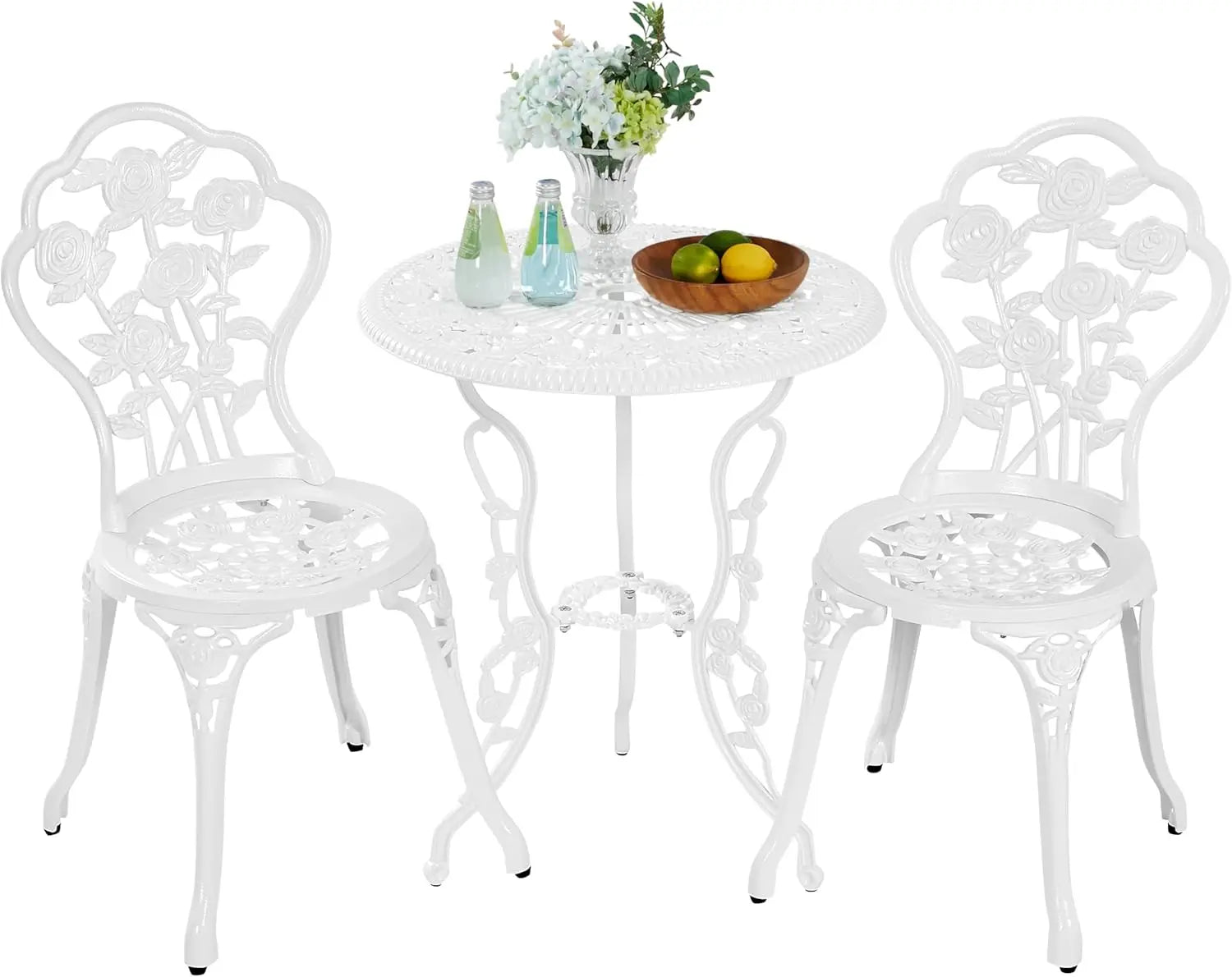 3-Piece Cast Aluminum Bistro Set – Rose Design Table & Chairs with Umbrella Hole