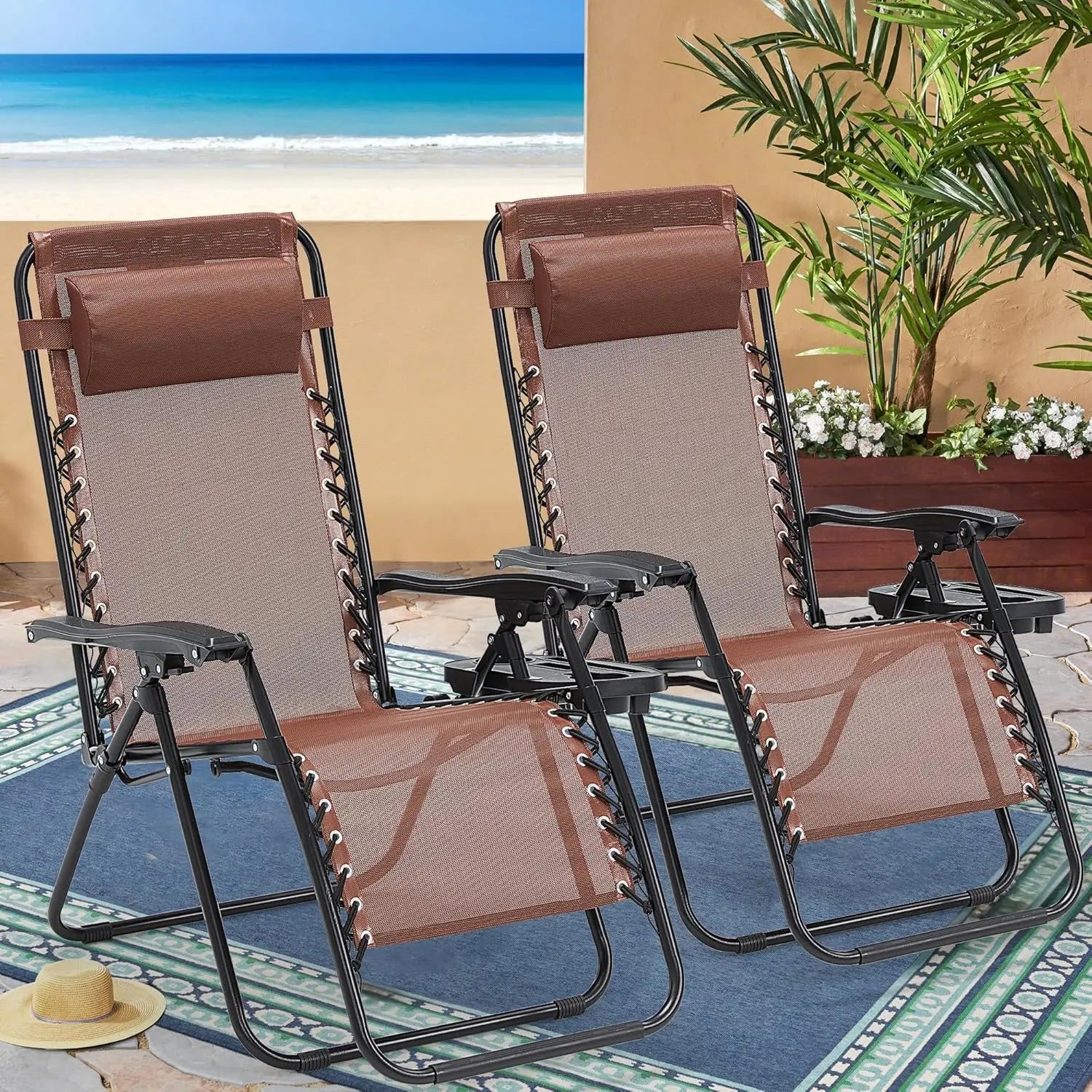 Set of 2 Zero Gravity Recliner Chairs – 350lbs Capacity with Headrest & Cup Holder