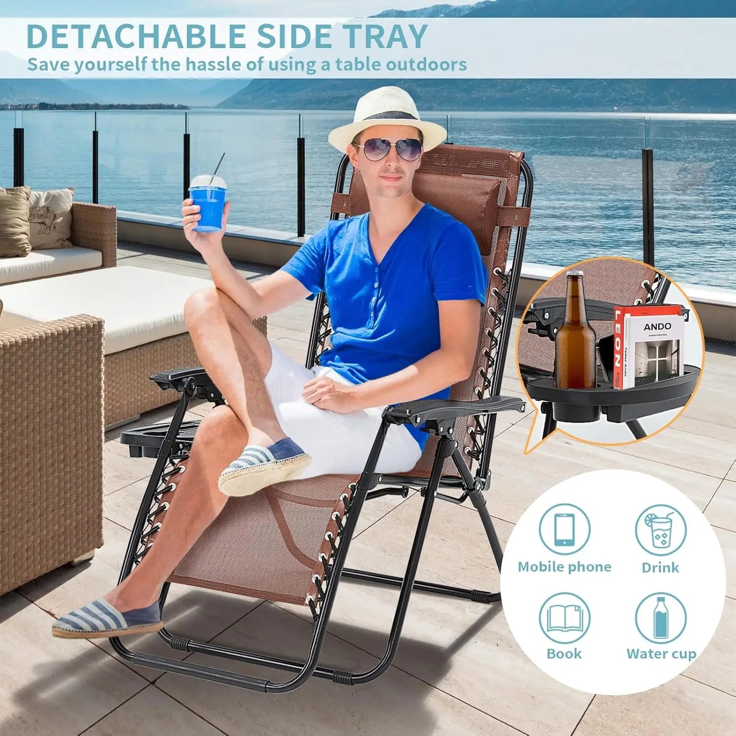 Set of 2 Zero Gravity Recliner Chairs – 350lbs Capacity with Headrest & Cup Holder