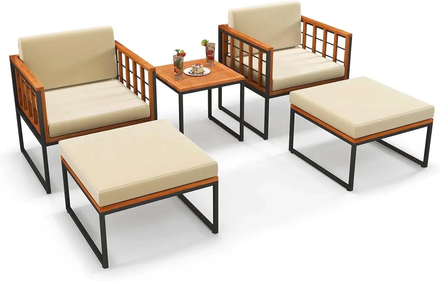 5-Piece Acacia Wood Patio Set – Outdoor Seating with Ottomans & Coffee Table
