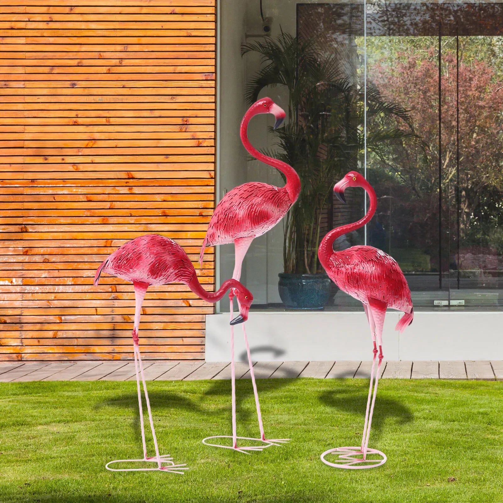 3PCS Iron Pink Flamingo Garden Statues