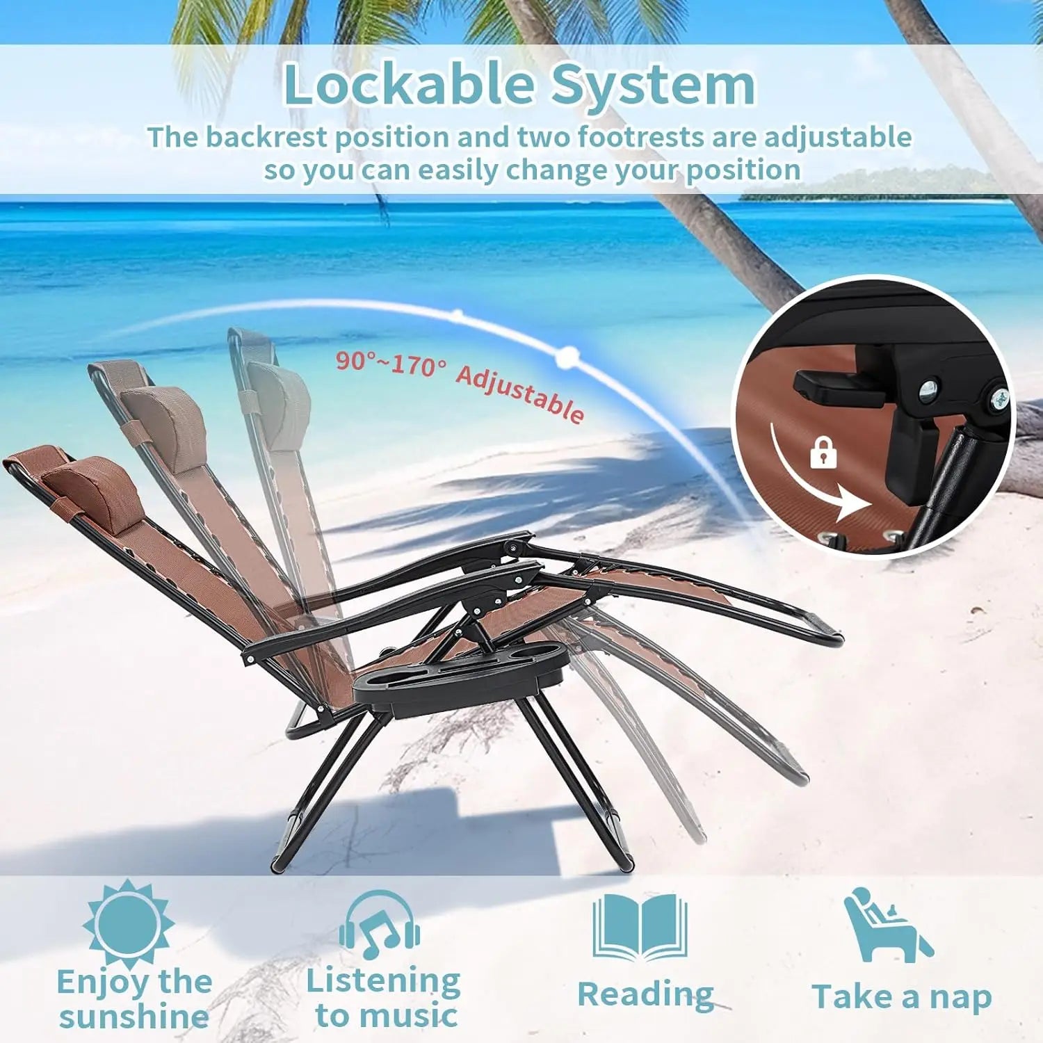 Set of 2 Zero Gravity Recliner Chairs – 350lbs Capacity with Headrest & Cup Holder