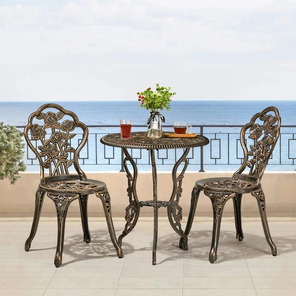 3-Piece Cast Aluminum Bistro Set – Rose Design Table & Chairs with Umbrella Hole