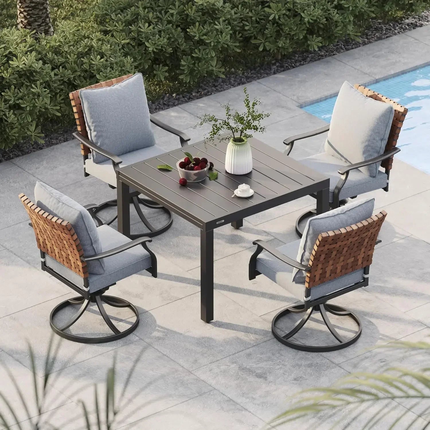5-Piece Outdoor Dining Set – 4 Wicker Swivel Chairs & Square Woodgrain Table