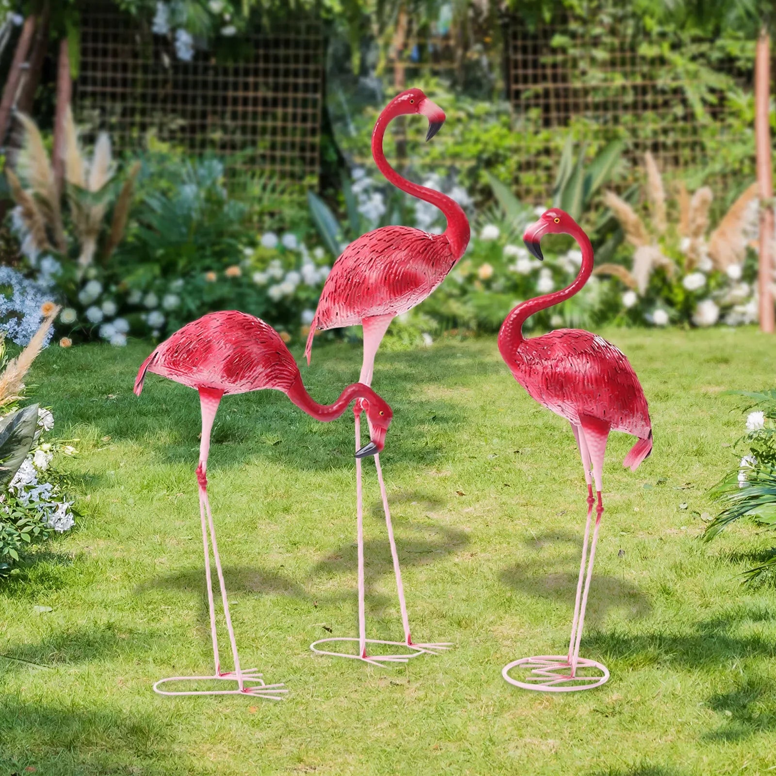 3PCS Iron Pink Flamingo Garden Statues