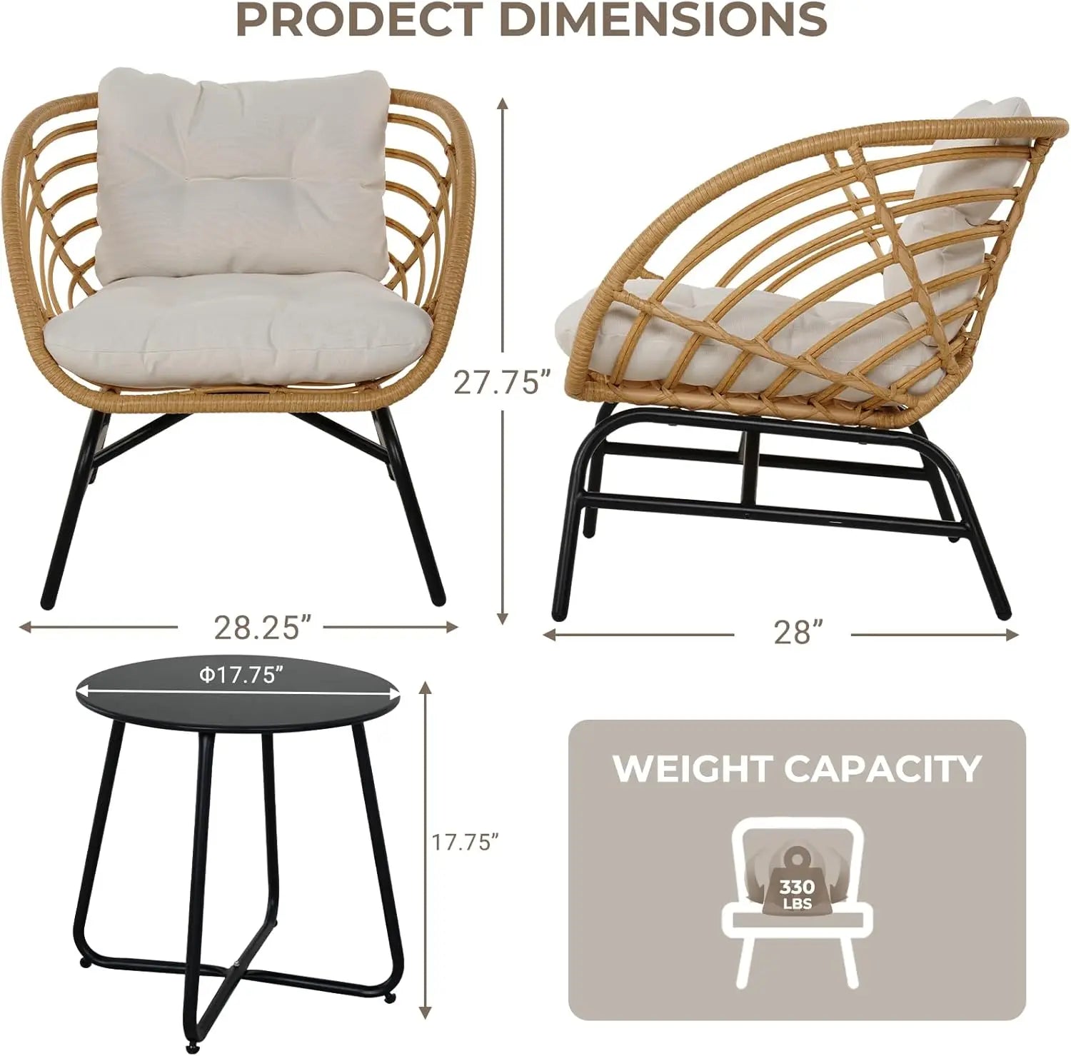 3-Piece Wicker Patio Set – Sofa with Beige Cushions & Coffee Table