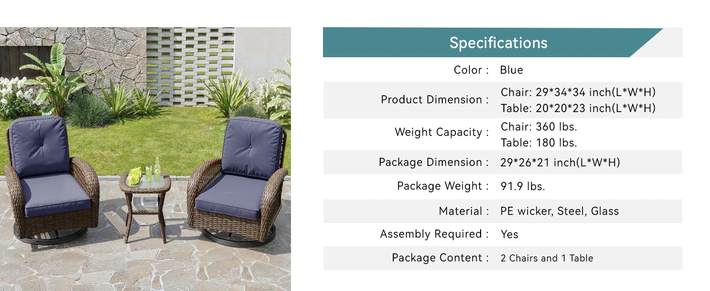 3-Piece Patio Furniture Set with Rotating Rocking Chairs: