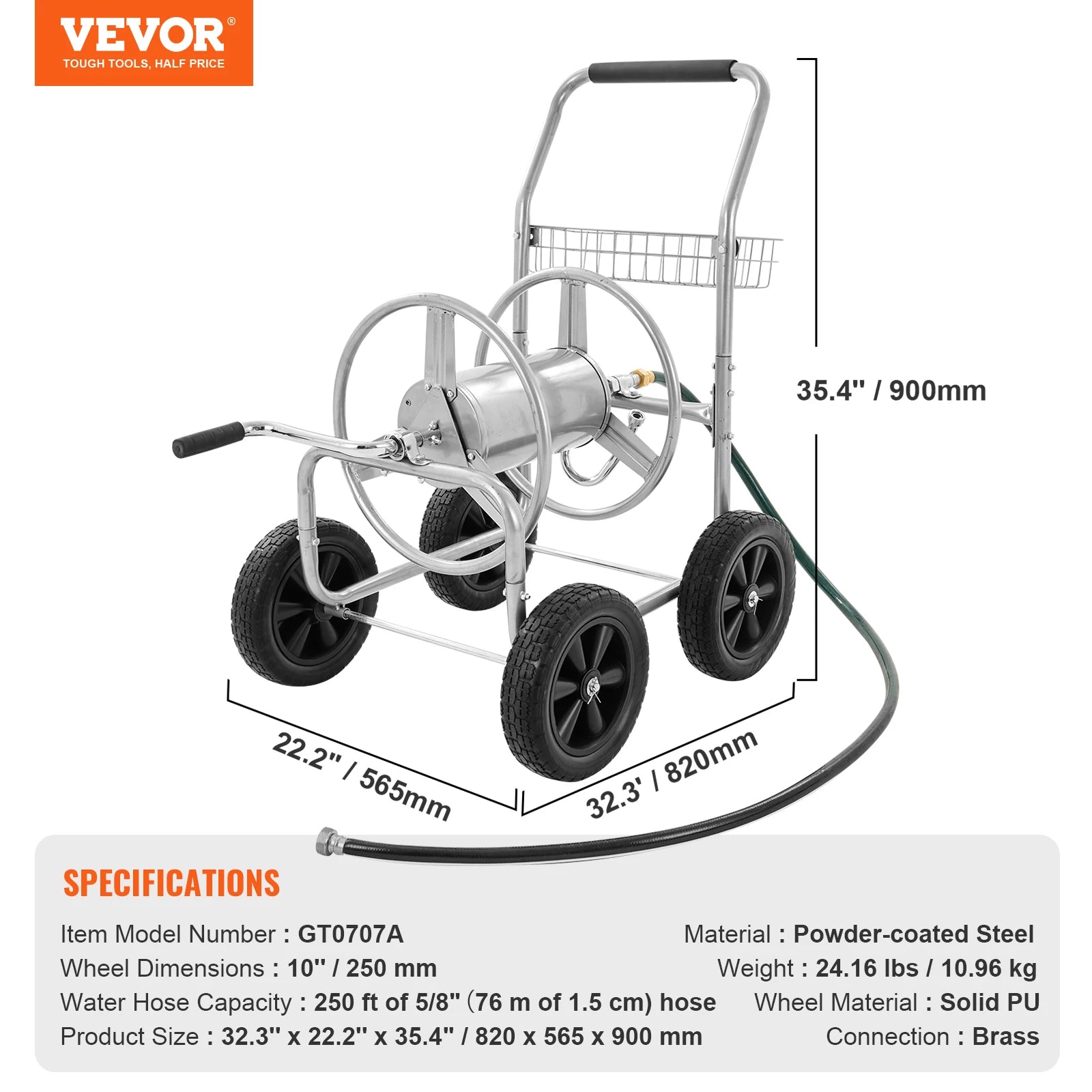 VEVOR 250ft Heavy Duty Steel Hose Reel Cart