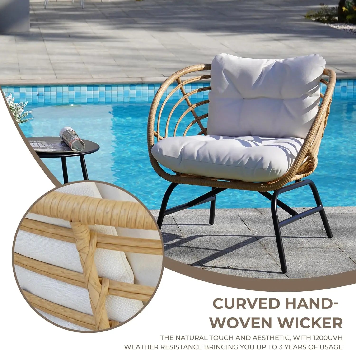 3-Piece Wicker Patio Set – Sofa with Beige Cushions & Coffee Table