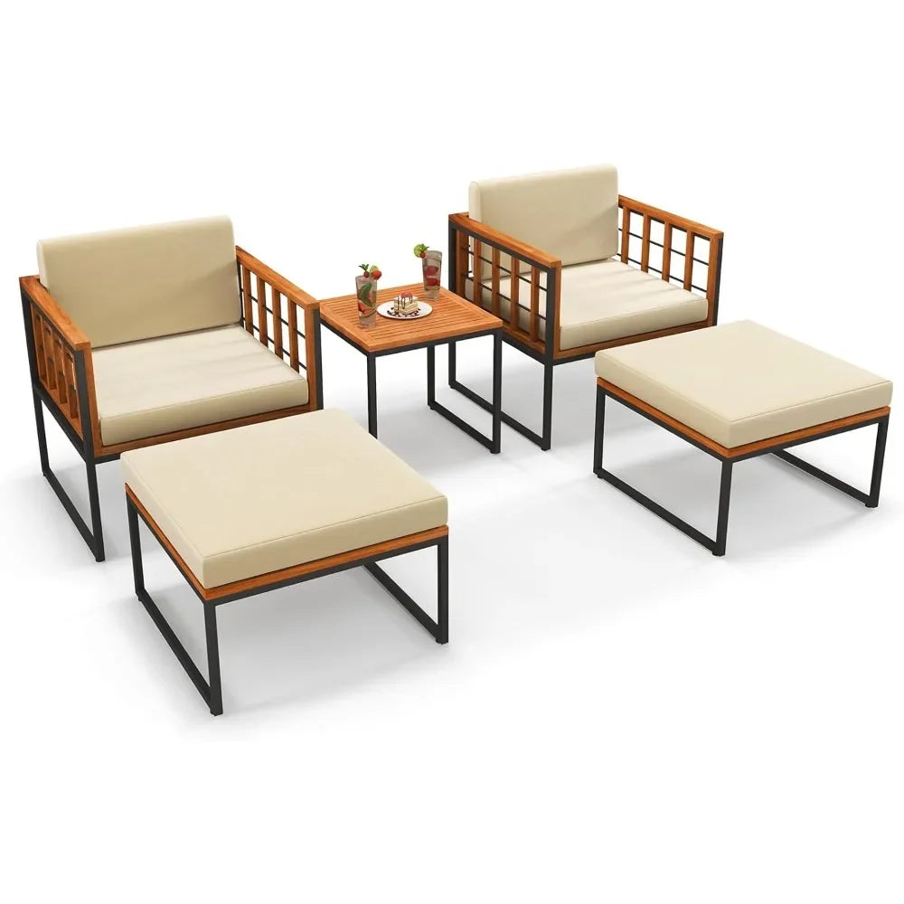 5-Piece Acacia Wood Patio Set – Outdoor Seating with Ottomans & Coffee Table